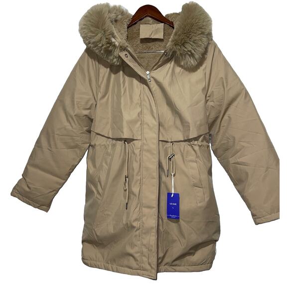 CHOUYATOU Beige Long‎ Coat With Detachable Fur Hat Band Size L New - Picture 2 of 10